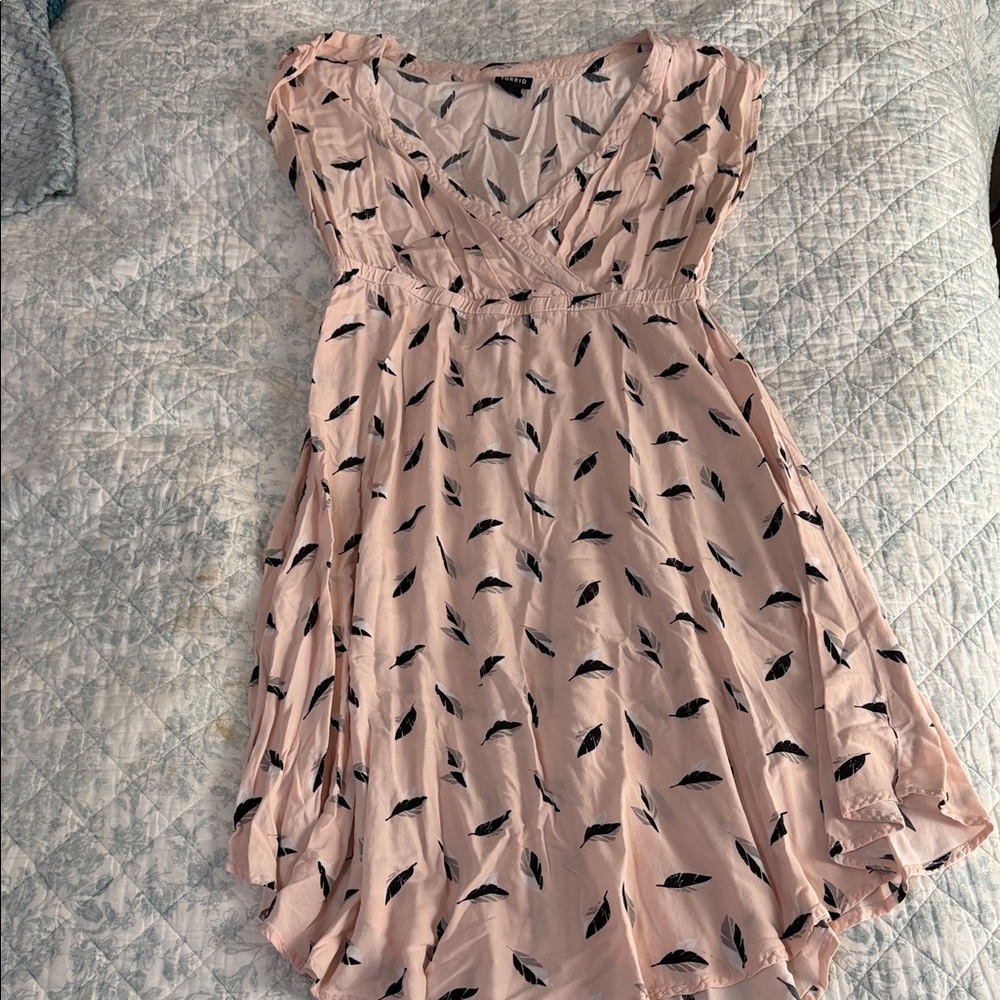 Torrid Pink Asymmetrical Dress with Black Feather Print